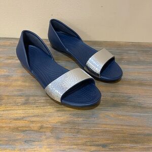 Crocs Lina D’Orsay Slop am Flat Sandals Blue Silver Rubber Womens 7